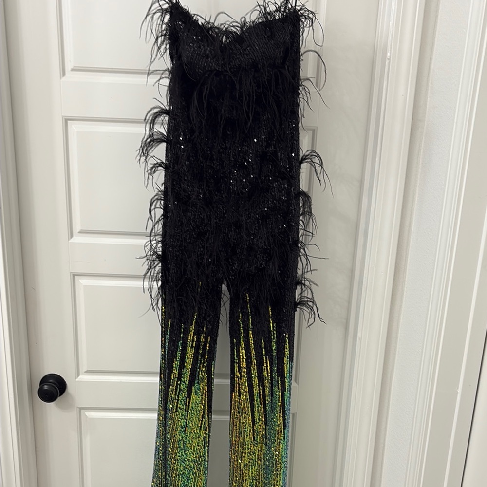 Chic Black and Green Feathered Jumpsuit